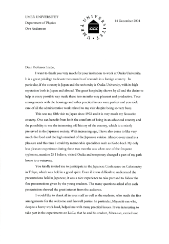 Page 1 of the Letter from Dr. Ove Andersson